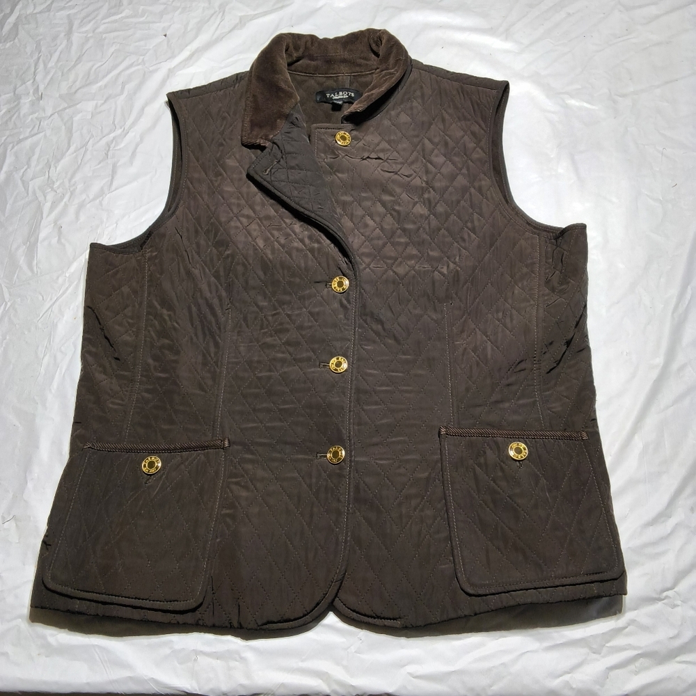 Talbots Dark Brown Quilted Vest Corduroy collar Gold Tone Buttons Size Large